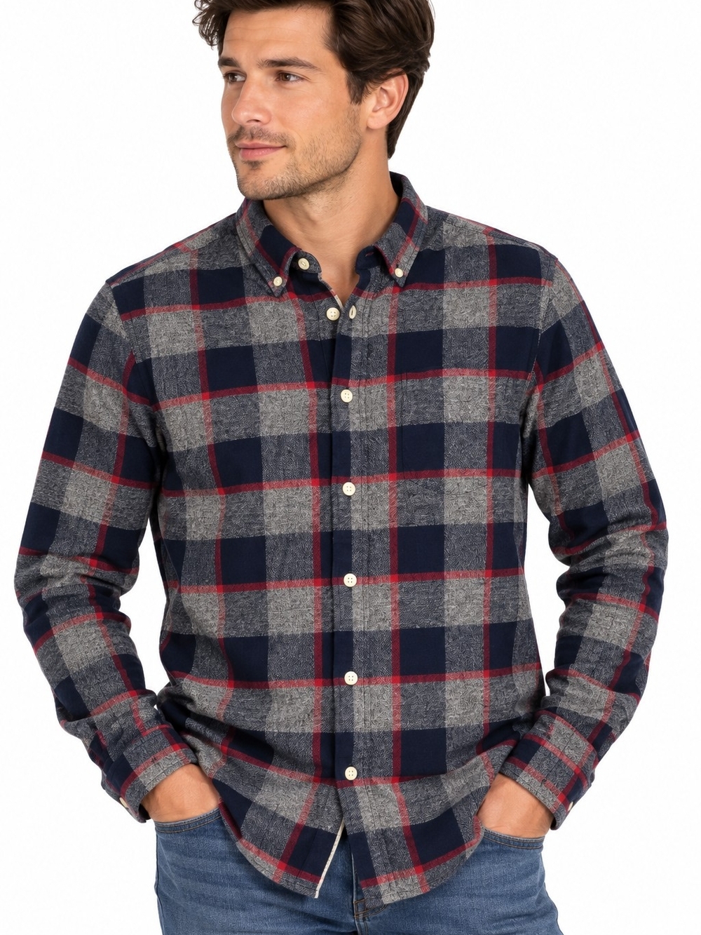 H&M L.O.G.G. Men’s Small Plaid Flannel Shirt Blue Gray Red Button Down